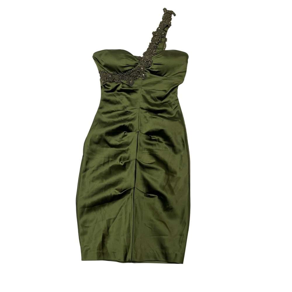 Vintage‎ Escape Y2K Dress Green Satin One Shoulder Sequin Ruched Mini Size 6